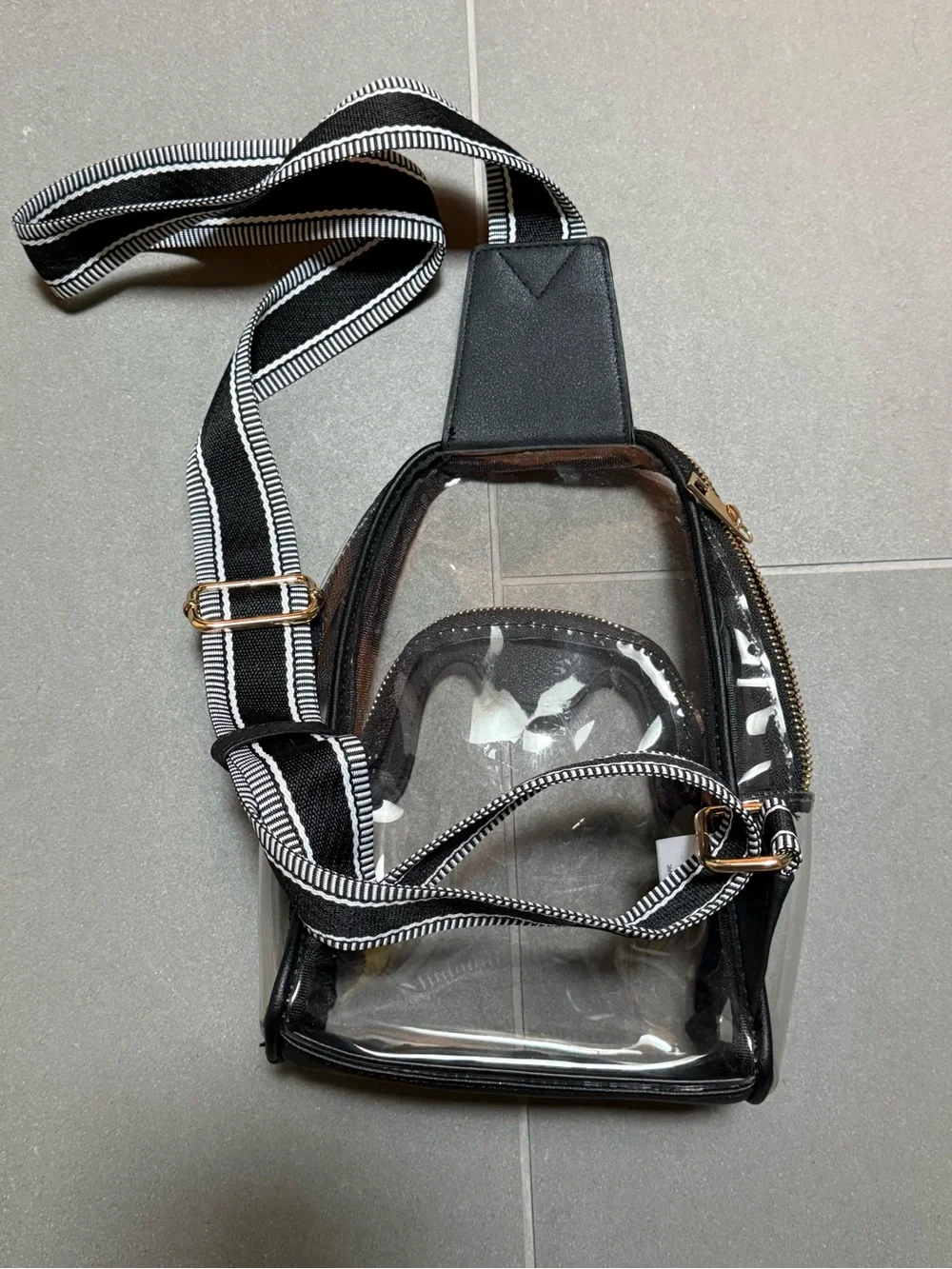 Black Clear Crossbody with Gold Bee Accent and Striped Strap